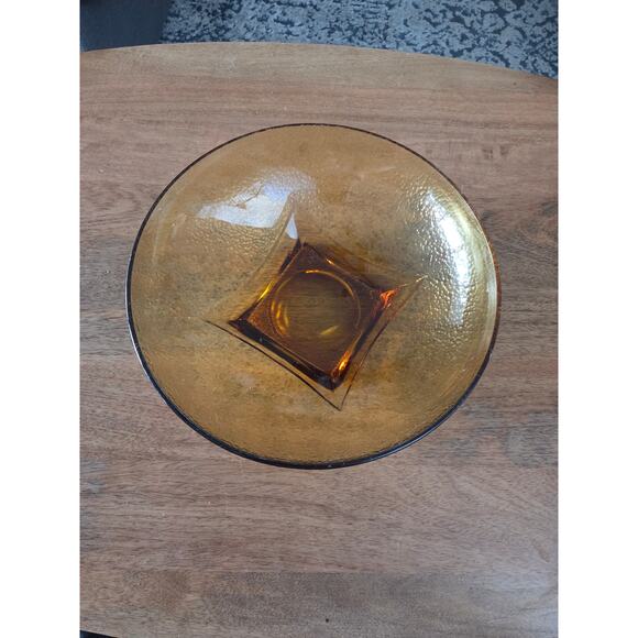Hazel Atlas Amber Textured Glass Bowl 11" Mid-Century Modern Square Base - Picture 4 of 8